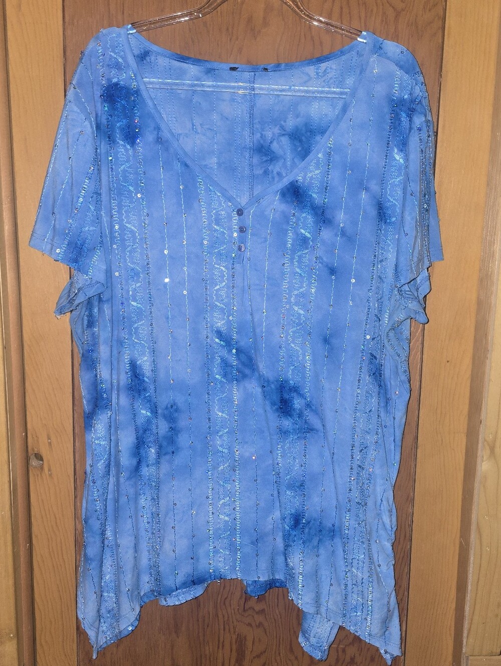 Blue tye dye 1X embellished sequenced acemetrical tunic top blouse